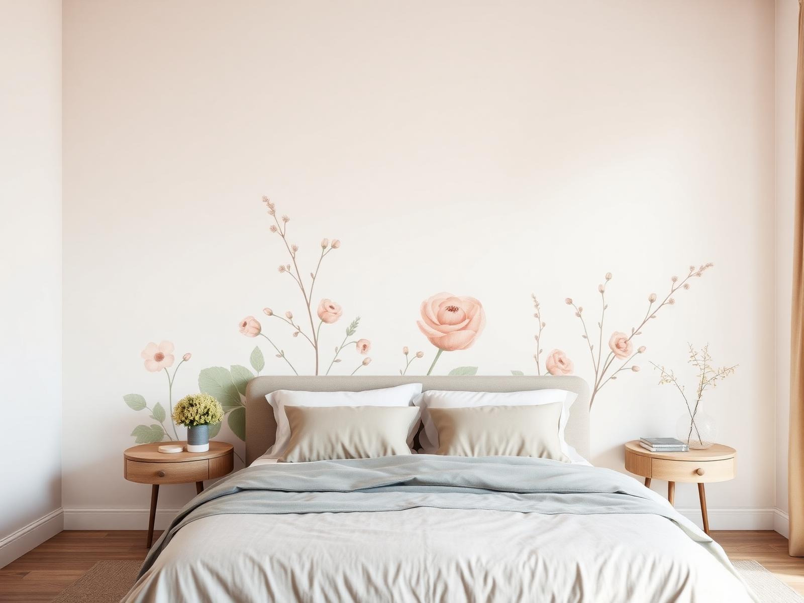 Bedroom feature wall printed with a soft botanical mural