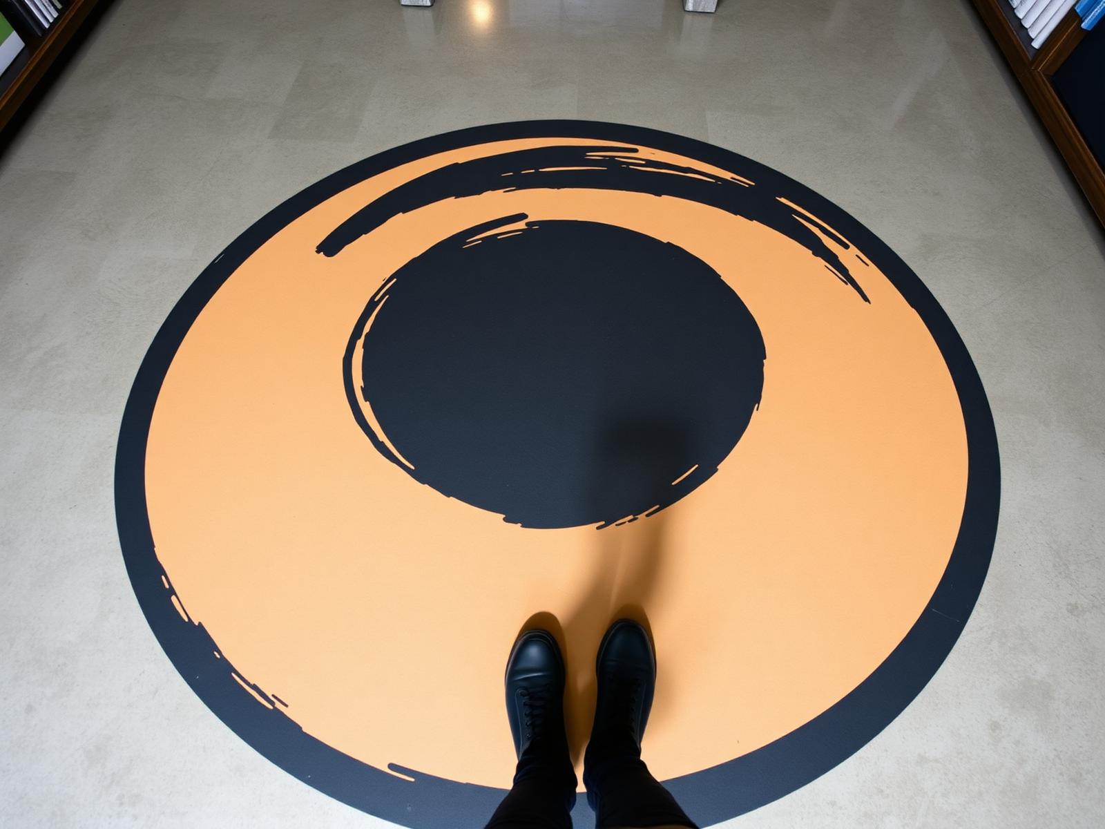 Retail interior with a printed floor graphic underfoot